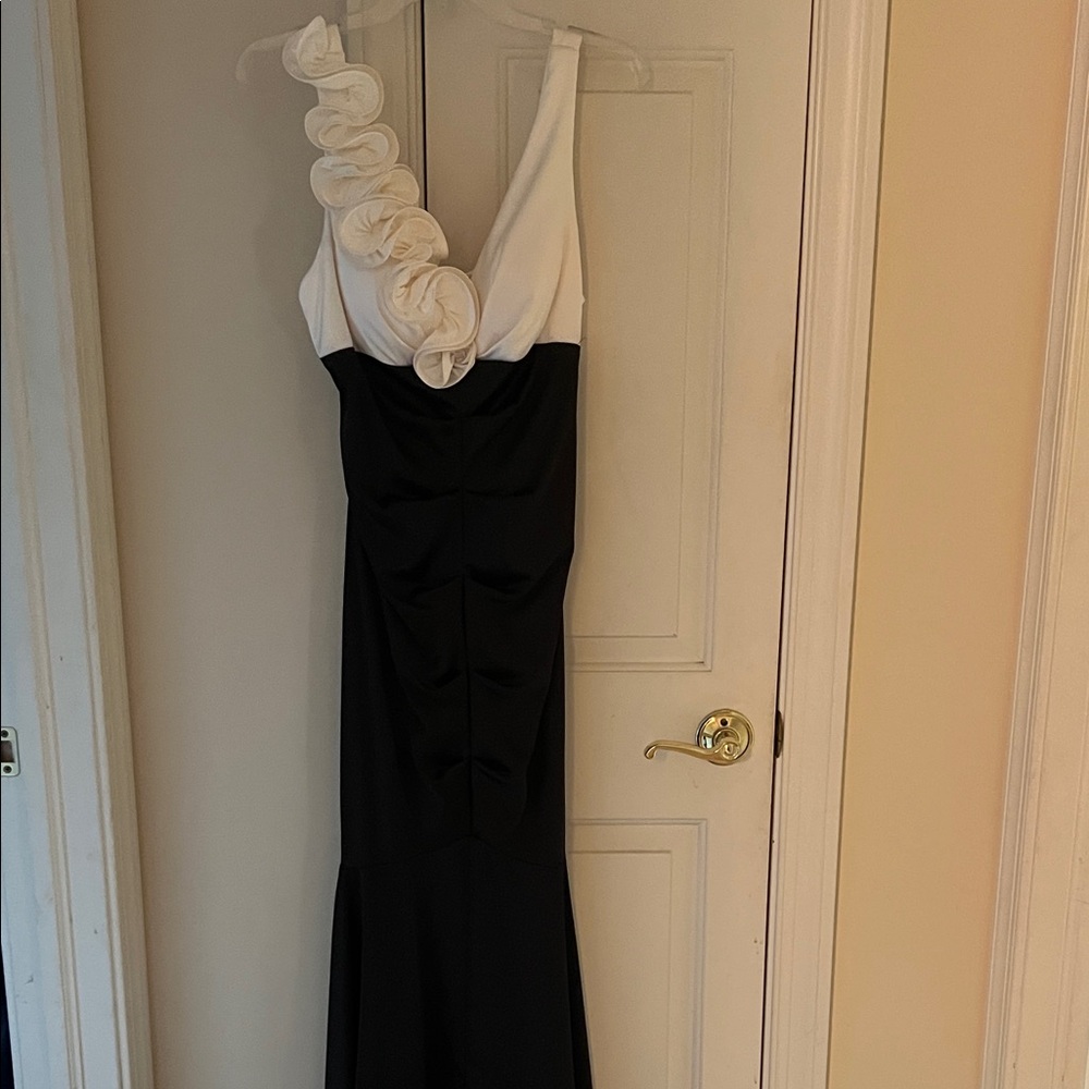 Xscape Black and White One-Shoulder Ruffle Evening Gown